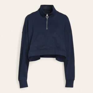 WeWoreWhat 90's Slouchy Terry Cropped Navy Blue Quarter Zip Pullover Sz S NWT